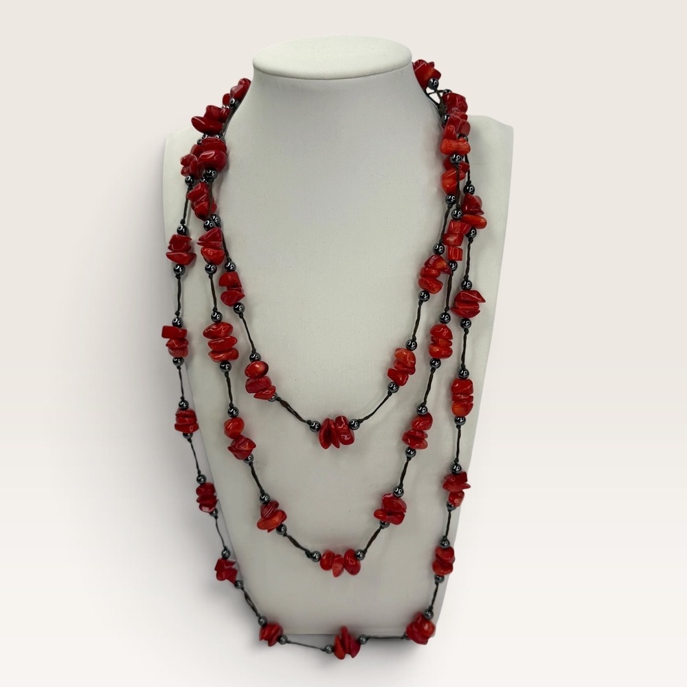 Red Coral Chip Multi Strand Necklace 30 Inch Long Boho Hematite Bead Layered